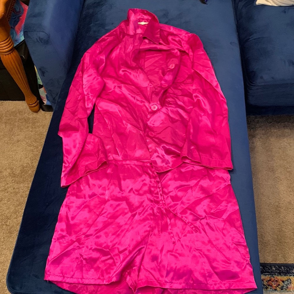 Victoria’s Secret satin pajamas.  Top is long sleeve.